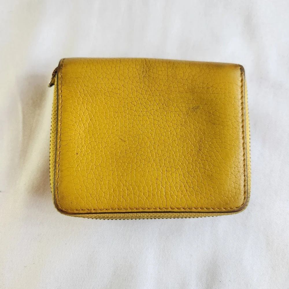 Tory‎ Burch Women Wallet Bifold Big Logo Leather Yellow Round Zip Britten Mini